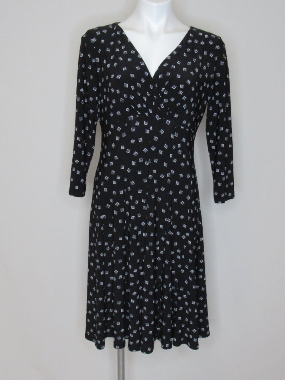 Ralph Lauren Black White Geometric Print Jersey Stretch Flare Dress Women's 12